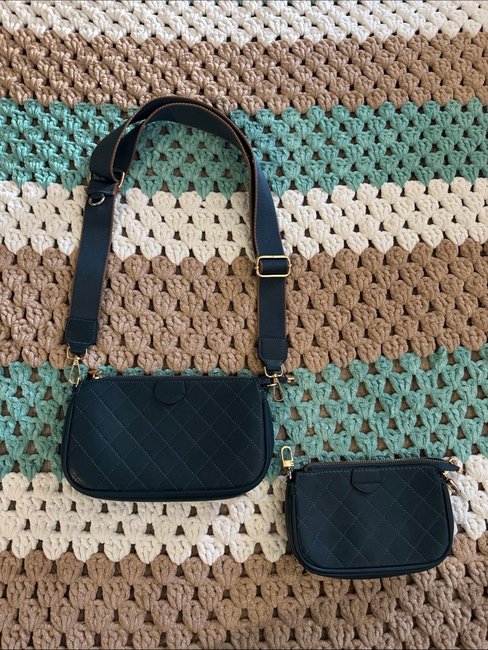 Dark Blue Diamond Quilted Crossbody Messenger Shoulder Handbag Bag 2 Purse Set